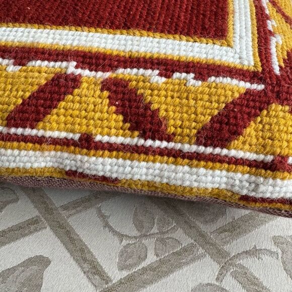 Red Gold Geometric Wool Needlepoint Boho Accent Pillow 14 inches Square Handmade - Picture 10 of 11